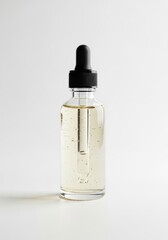 Naklejka premium Transparent glass dropper bottle with black cap, filled with light serum or oil