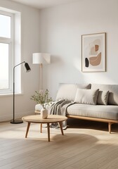 Sunlit minimalist living room with abstract art and natural lighting