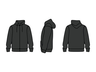 Black Hoodie Mockup Template. Front, Side, and Back View. Zip-Up Hoodie Template Editable Vector, Unisex Hoodie Mockup 3 Angles © Fergun