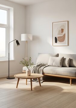 Fototapeta Sunlit minimalist living room with abstract art and natural lighting