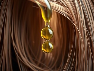 Golden hair oil treatment falling onto beautiful light brown healthy hair.