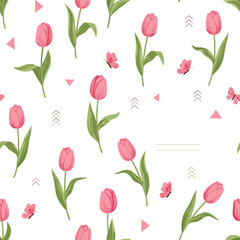 A charming pattern of pink tulips and small butterflies scattered across a white background.