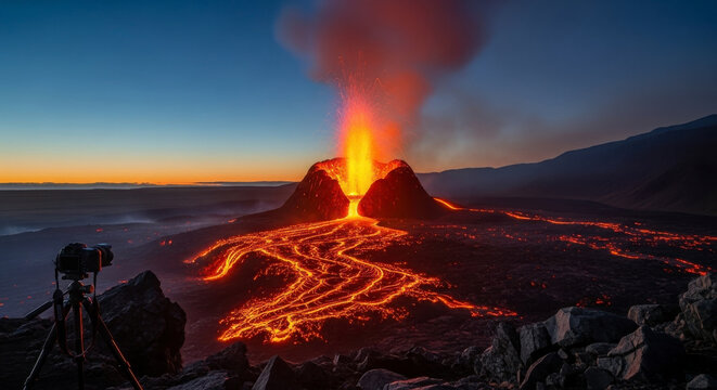 Fiery Volcano Eruption at Twilight with Molten Lava Flow