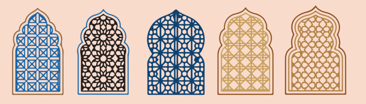 Islamic windows and door vector set . For use modern style design, door mosque, mosque dome and lanterns.
