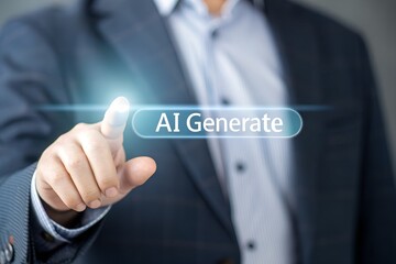 Man interacting with AI chatbot prompt on laptop, representing artificial intelligence, generative AI technology, virtual assistant and smart content creation interface. Multimedia technology.