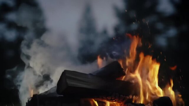 Campfire crackles in the twilight, casting warm light and smoke against the dark trees, creating a cozy and inviting atmosphere for storytelling and relaxation.