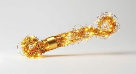 Twisted bundle of copper wire fairy lights glowing with warm yellow light, isolated on white background