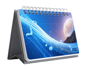 Desktop calendar displays a vibrant illustration of musical notes flowing across a blue background, complemented by a full moon and mountains in the distance, all presented on a black backdrop.
