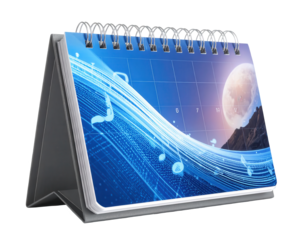 Desktop calendar displays a vibrant illustration of musical notes flowing across a blue background, complemented by a full moon and mountains in the distance, all presented on a black backdrop.