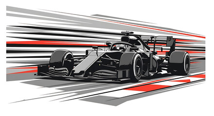 A sleek, black Formula 1 racing car speeds along a track, depicted with dynamic motion blur and stylized lines suggesting extreme velocity and competition.