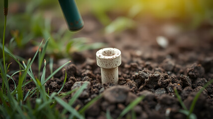 Fototapeta premium Selective focus on soil plug from a lawn aerator
