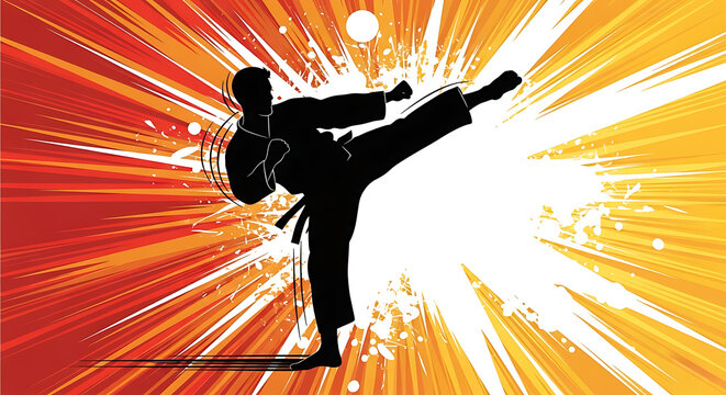 Silhouette of a martial artist performing a dynamic high kick against a vibrant, explosive background of radiating light and color.