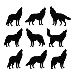 Collection of silhouetted wolves howling set wild animal graphic elements silhouette