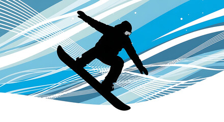 Silhouette of a snowboarder performing a jump against a blue abstract background.