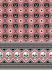 Halloween Aztec Seamless Pattern with Jack-o'-Lanterns and Skulls