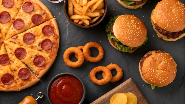 A topdown view of a feast of fast food, including a pepperoni pizza, hamburgers, french fries, onion rings, and ketchup - Powered by Adobe