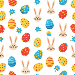 A cheerful pattern of pixelated Easter eggs and bunnies.