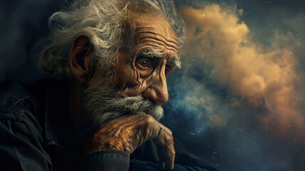 Old Man Looking Thoughtful and Remembering the Past