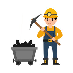Miner Character Holding Pickaxe with Coal Cart, Vector Illustration, Isolated on White Background