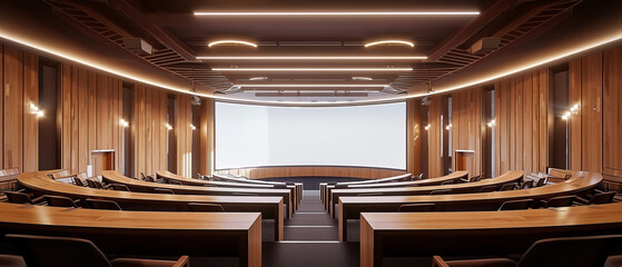 Modern lecture hall with wooden desks and stage for presentations and conferences