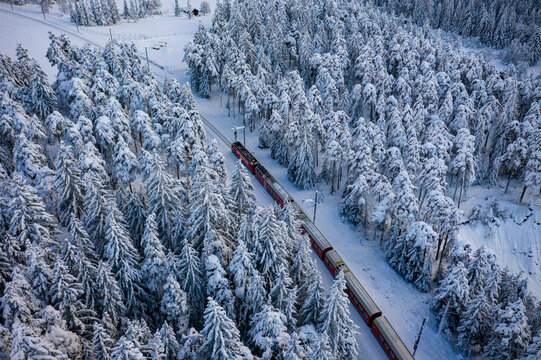 Aerial view of a vibrant red train slicing through a snow-laden forest near Filisur, Switzerland, a stark contrast against the wintry landscape., Filisur, Switzerland.