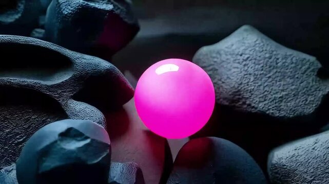 Luminous Pink Sphere Pulsating Gently on Dark Volcanic Rocks, Slow Motion