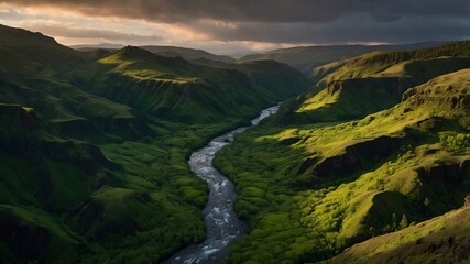 River Between Green Rolling Hills