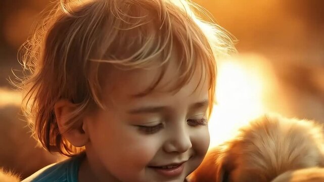 Close-up of a Peaceful Baby or Child's Face Smiling with Eyes Closed in Warm Sunlight, Slow Motion