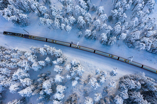 Aerial view of a train slicing through a snow-laden forest near Filisur, Switzerland, the silver carriage a stark contrast to the white wonderland., Filisur, Switzerland.