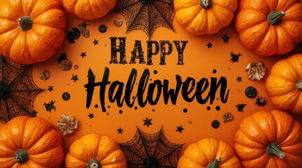 Halloween background with pumpkins, bats and festive decoration