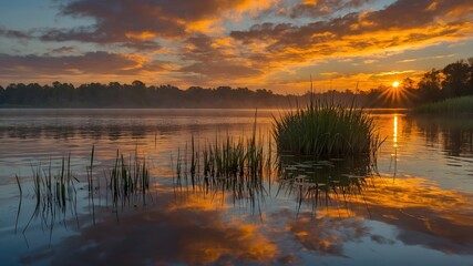 Sunset Over Lake with Grass Reflections