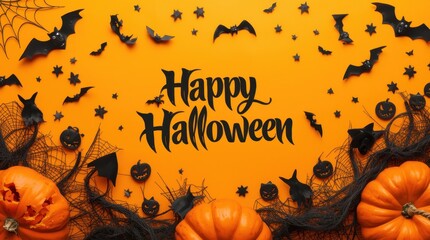 Halloween background with pumpkins, bats and festive decoration