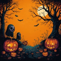 Halloween background with pumpkins, bats and festive decoration