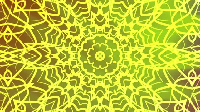 Abstracts Twirls Kaleidoscope A, Animated mandala design with yellow lines on a gradient background for spiritual visuals,  royalty free stock.
