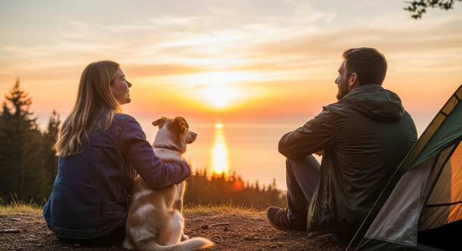 Couple enjoying a beautiful sunset with their dog during a camping trip