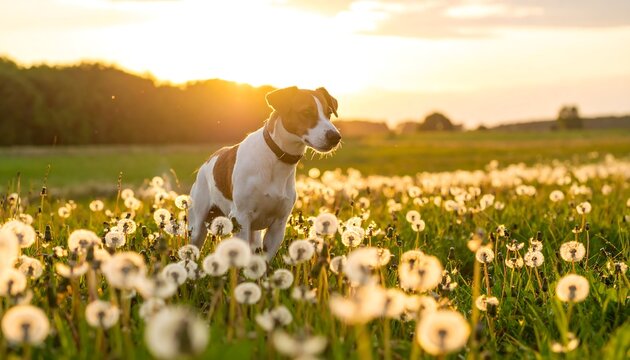 Dog in a field of dandelions at sunset (1)