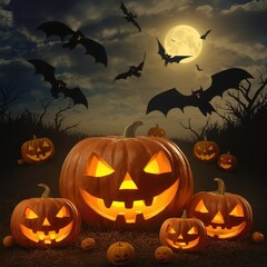 Halloween night with glowing pumpkins, bats and full moon