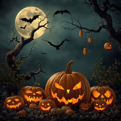Halloween night with glowing pumpkins, bats and full moon