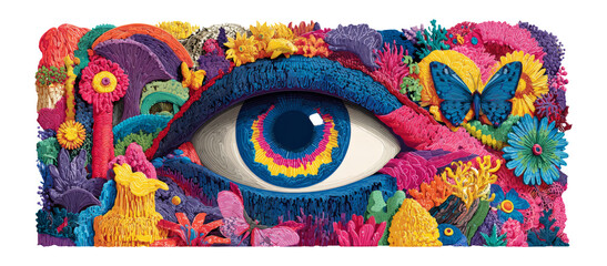 Vibrant Eye Surrounded by Colorful Flowers and Butterflies on Transparent Background