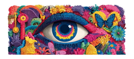Vibrant Eye Surrounded by Colorful Flowers and Butterflies on Transparent Background