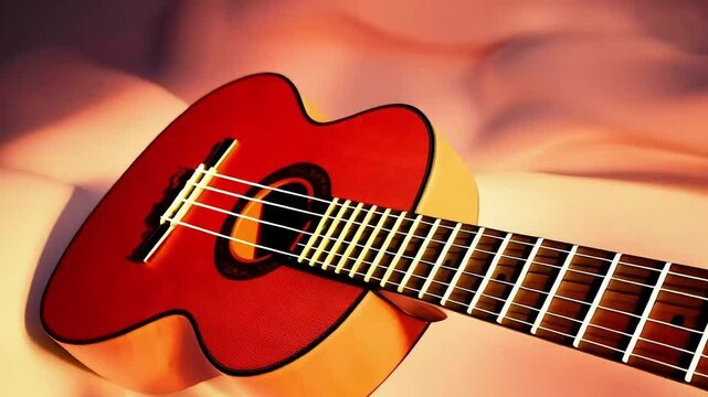 Close-up of Acoustic Guitar Strings and Body in Warm, Atmospheric Lighting