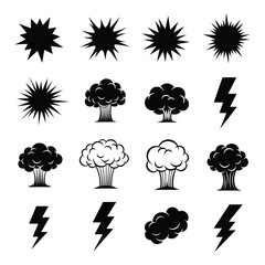 Collection of explosions lightning bolts and cloud silhouettes graphic elements set silhouette