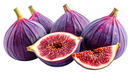 Several ripe purple figs are arranged against a stark black background, showcasing the textures of the fruits.