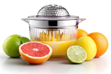 Freshly squeezed citrus juice fills a clear juicer surrounded by vibrant oranges lemons limes and grapefruit