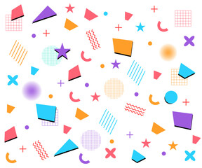 Abstract geometric shapes set.Creative 80s style geometric shape background for web, vintage, advertisement, commercial banner, poster, billboard, sale, brochures, covers.Vector & doodles design
