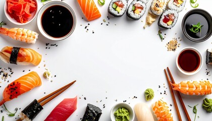 Top down view of a traditional Japanese sushi and sashimi set with maki rolls, soy sauce, and chopsticks arranged as a frame on a white background