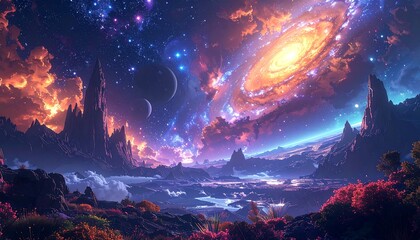 Cosmic landscape, vibrant colors, fantasy