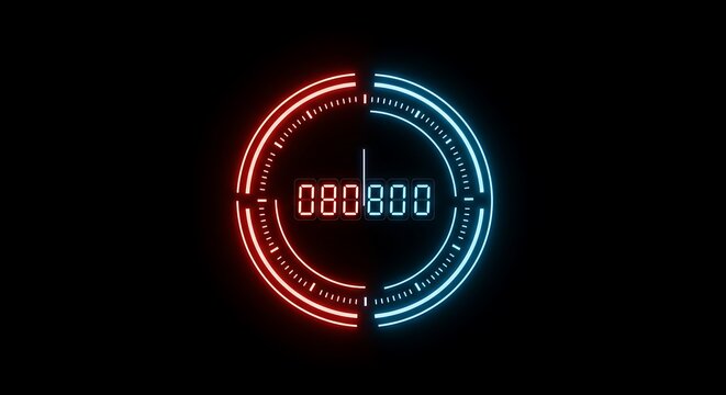 Futuristic Glowing Red and Blue Digital HUD Countdown Timer Interface Graphic on Black Background