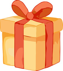 A festive illustration of a yellow gift box wrapped with a bold red ribbon and bow, symbolizing celebration, surprise, and joy.