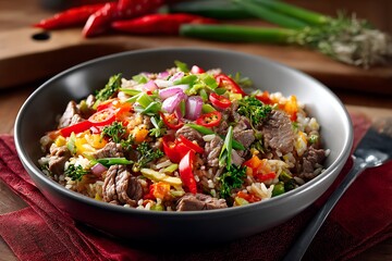 Delicious beef and vegetable fried rice, served in a warm bowl, ready to be enjoyed with fresh, vibrant ingredients.